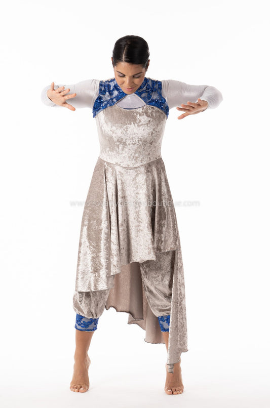 * UNITARD ( AUTHORITY' Soft velvet Grey and blue Modern Praise pant and skirt attached Dance Garment