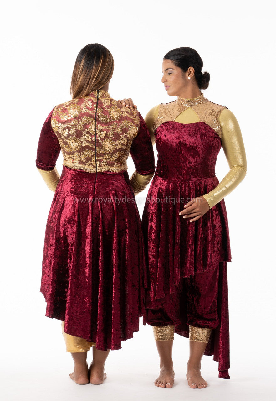 * Dance Dress 'MAJESTY' / Burgundy and Gold Light Velvet Praise Dance Tunic Dress