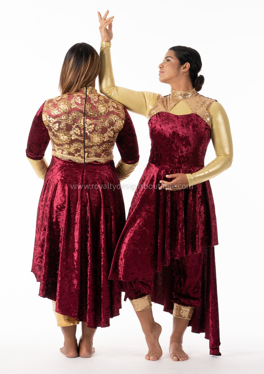 * Dance Dress 'MAJESTY' / Burgundy and Gold Light Velvet Praise Dance Tunic Dress