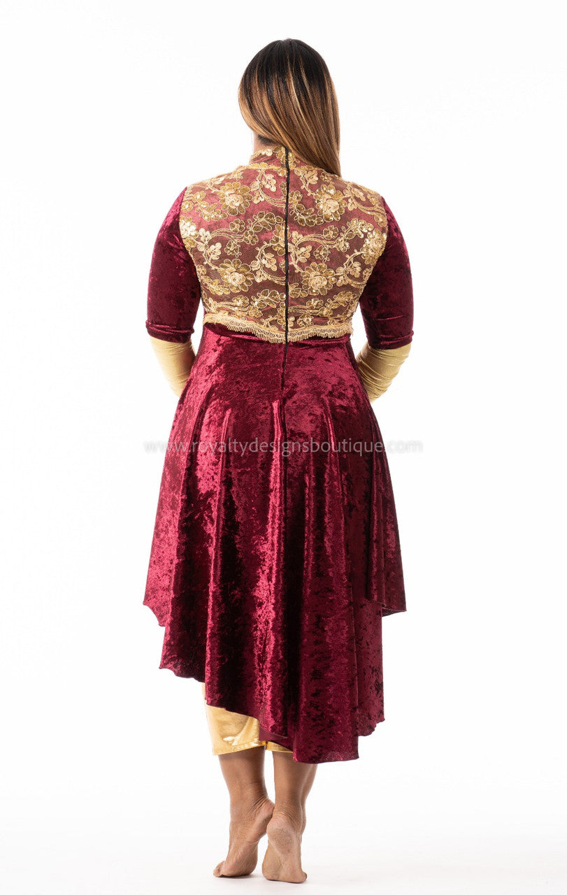 * Dance Dress 'MAJESTY' / Burgundy and Gold Light Velvet Praise Dance Tunic Dress