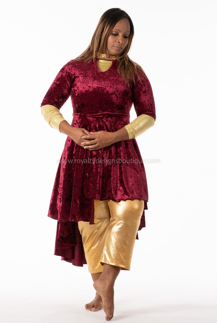 * Dance Dress 'MAJESTY' / Burgundy and Gold Light Velvet Praise Dance Tunic Dress