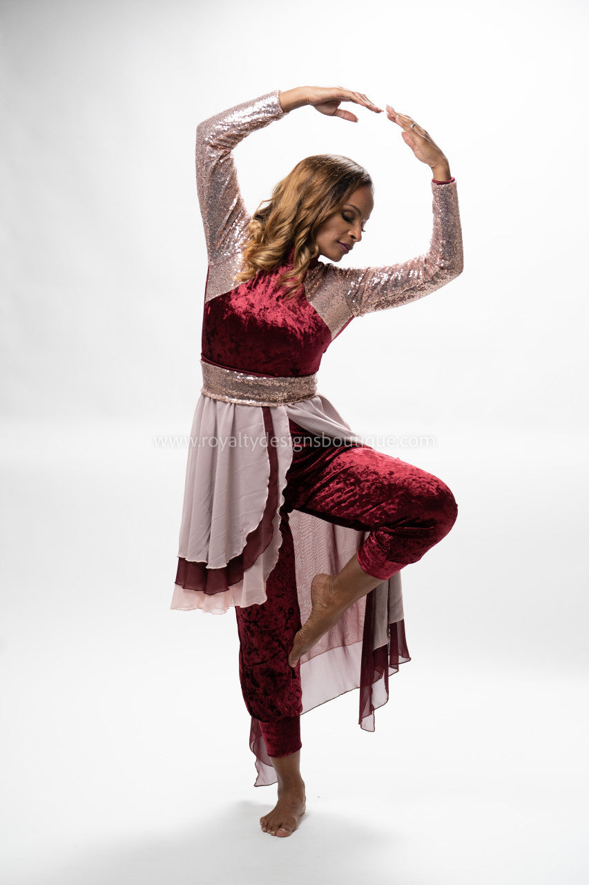 Two (2) Piece Set Unitard & Skirt in Gold rose sequin and burgundy