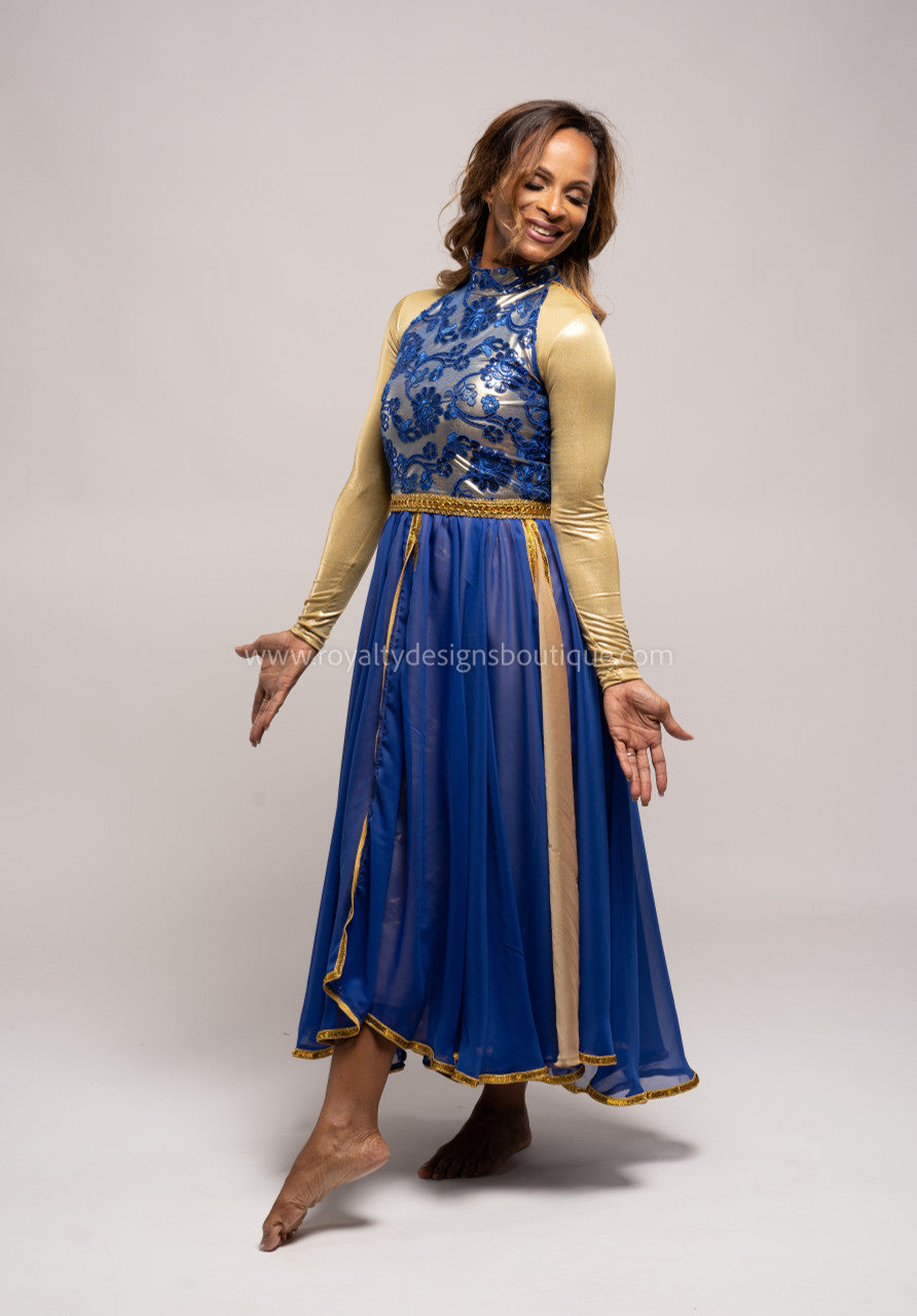 Princess Royal Blue Dress with Elegant top and lots of trimming Chiffon blue and gold Skirt - Christmas Collection