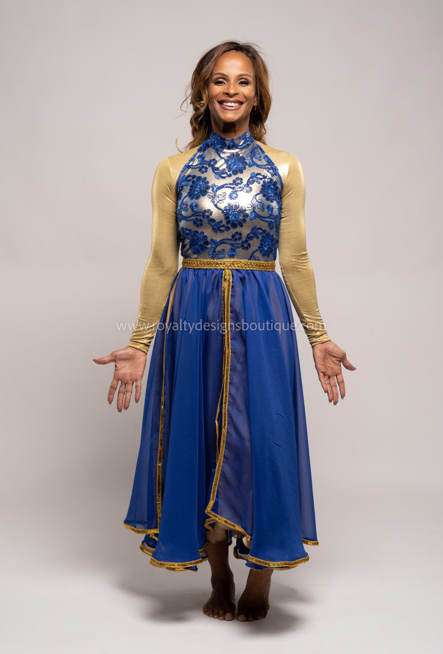 Princess Royal Blue Dress with Elegant top and lots of trimming Chiffon blue and gold Skirt - Christmas Collection