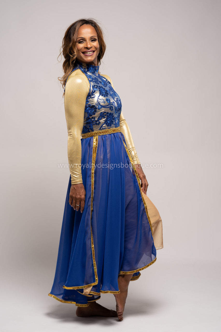 Princess Royal Blue Dress with Elegant top and lots of trimming Chiffon blue and gold Skirt - Christmas Collection