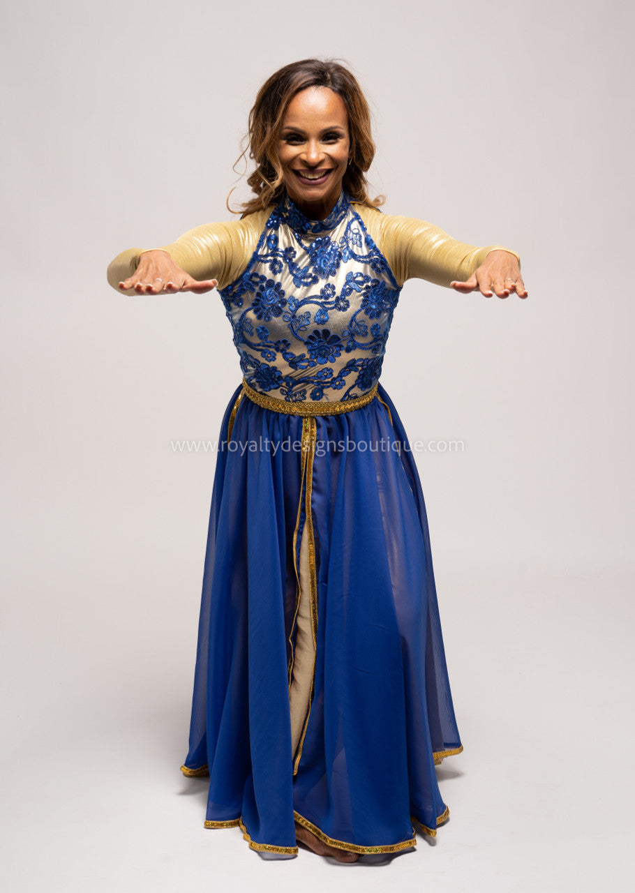 Princess Royal Blue Dress with Elegant top and lots of trimming Chiffon blue and gold Skirt - Christmas Collection