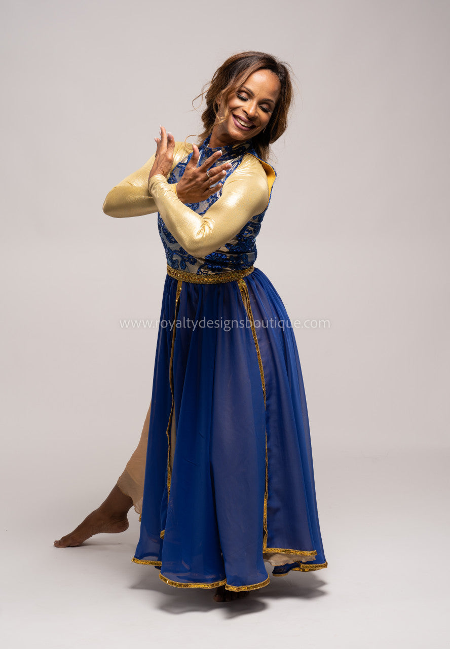 Princess Royal Blue Dress with Elegant top and lots of trimming Chiffon blue and gold Skirt - Christmas Collection