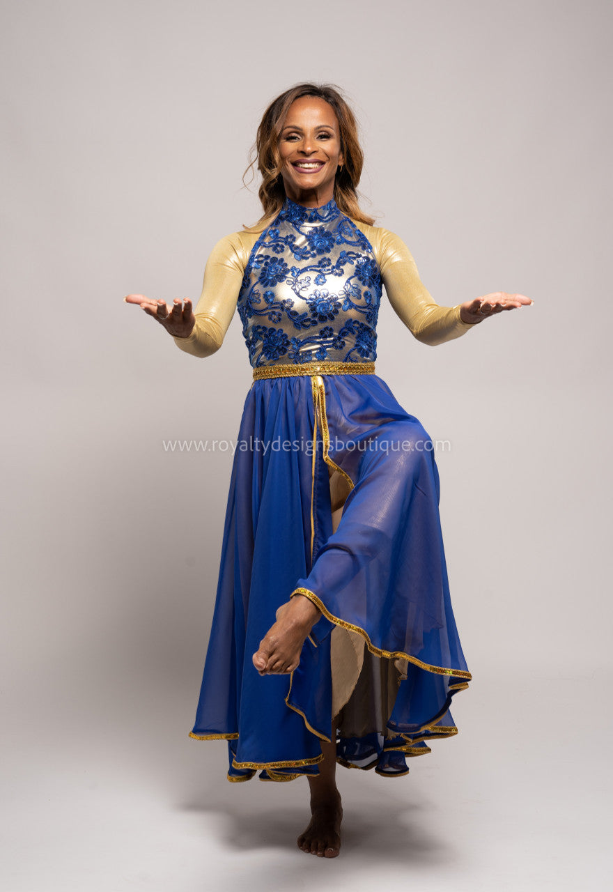 Princess Royal Blue Dress with Elegant top and lots of trimming Chiffon blue and gold Skirt - Christmas Collection