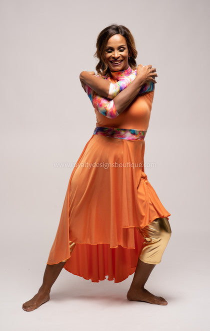 ALABANZA - Mid sleeve Orange Praise Dance Ephod with Colorful Revival designs on waist, sleeves and neck