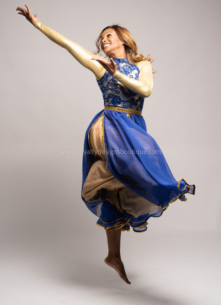 Princess Royal Blue Dress with Elegant top and lots of trimming Chiffon blue and gold Skirt - Christmas Collection