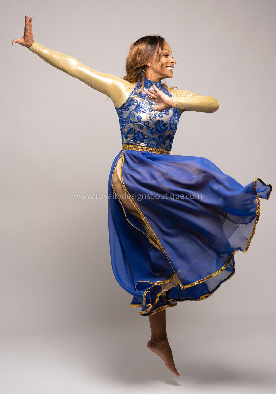 Princess Royal Blue Dress with Elegant top and lots of trimming Chiffon blue and gold Skirt - Christmas Collection