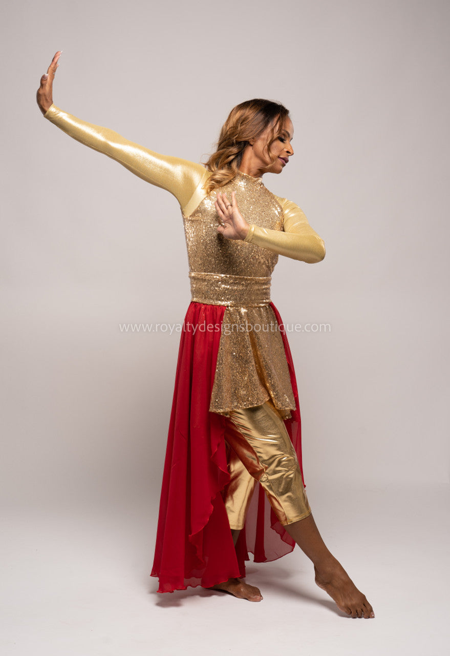 Two (2) piece Praise Him Sequin Gold Tunic & Red Chiffon Skirt - Christmas Collection