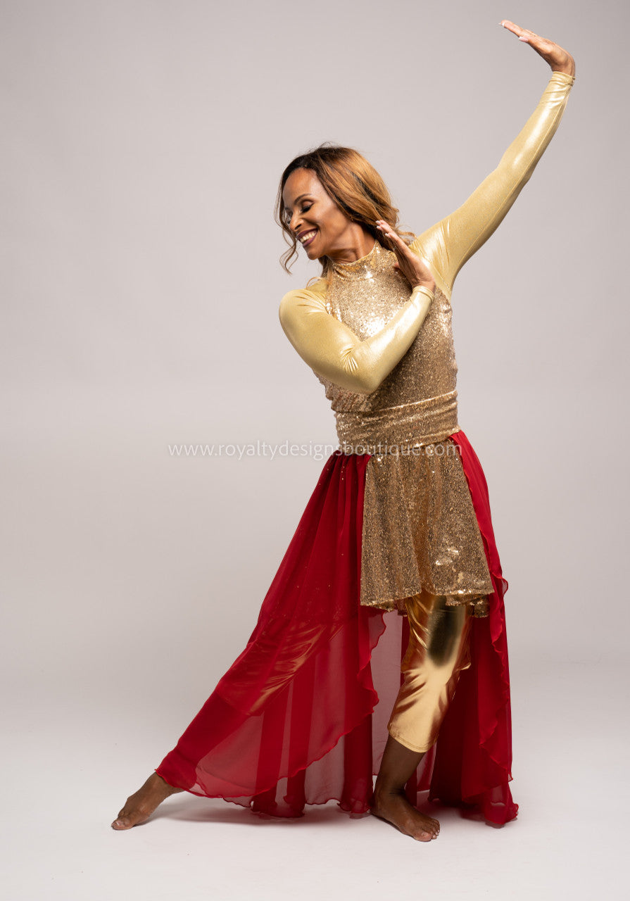 Two (2) piece Praise Him Sequin Gold Tunic & Red Chiffon Skirt - Christmas Collection