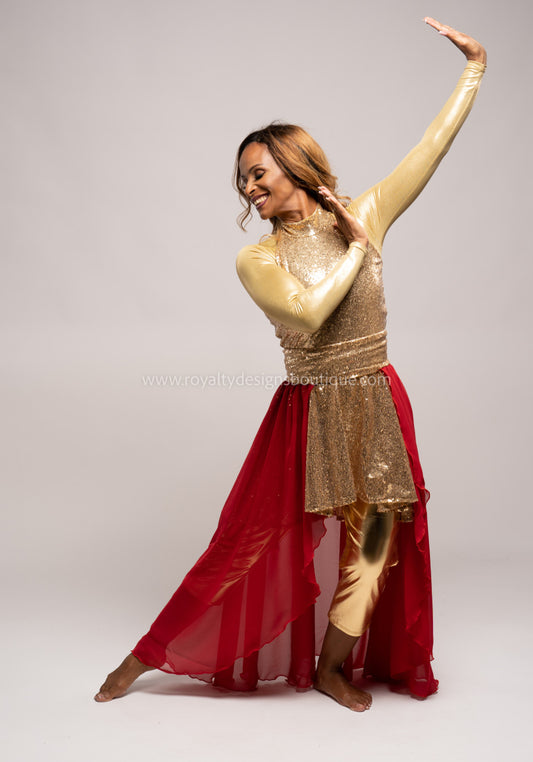 Two (2) piece Praise Him Sequin Gold Tunic & Red Chiffon Skirt - Christmas Collection