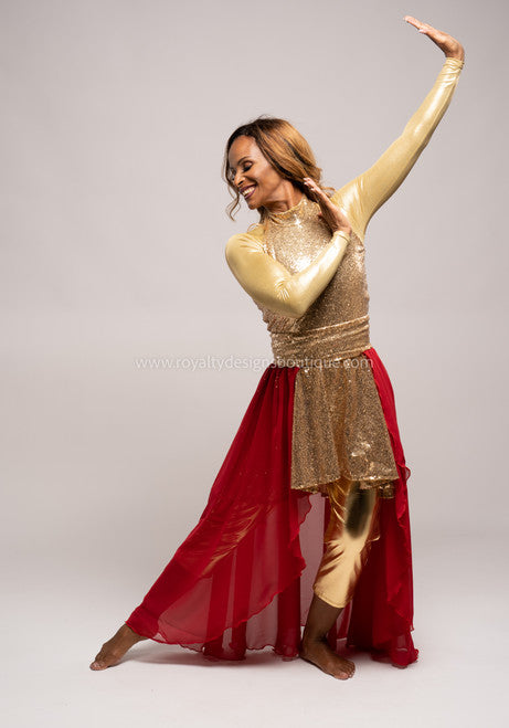 Two (2) piece Praise Him Sequin Gold Tunic & Red Chiffon Skirt - Christmas Collection