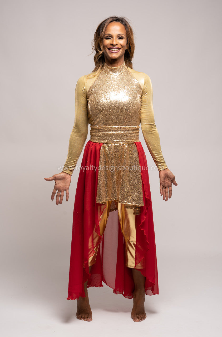 Two (2) piece Praise Him Sequin Gold Tunic & Red Chiffon Skirt - Christmas Collection