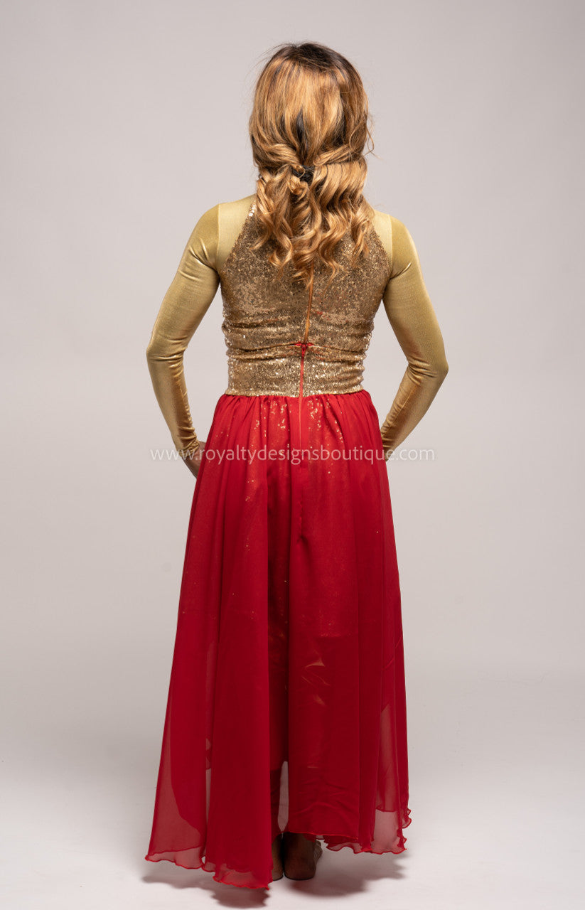 Two (2) piece Praise Him Sequin Gold Tunic & Red Chiffon Skirt - Christmas Collection