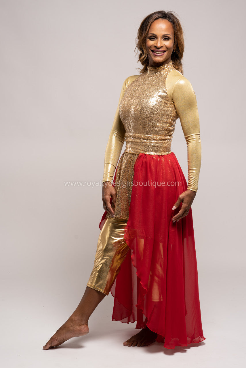 Two (2) piece Praise Him Sequin Gold Tunic & Red Chiffon Skirt - Christmas Collection