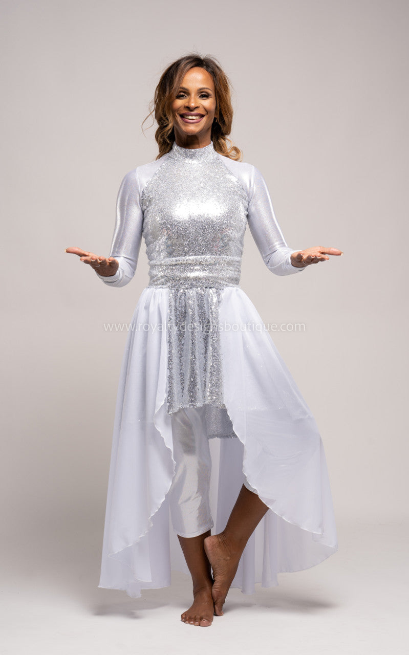 Two (2) piece Angelical Silver Sequin Tunic & White Chiffon Skirt - Christmas Collection