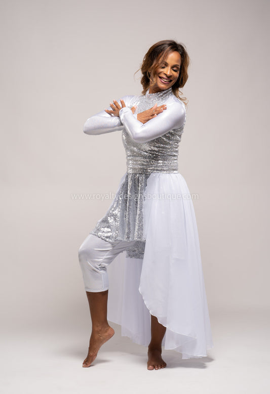 Two (2) piece Angelical Silver Sequin Tunic & White Chiffon Skirt - Christmas Collection