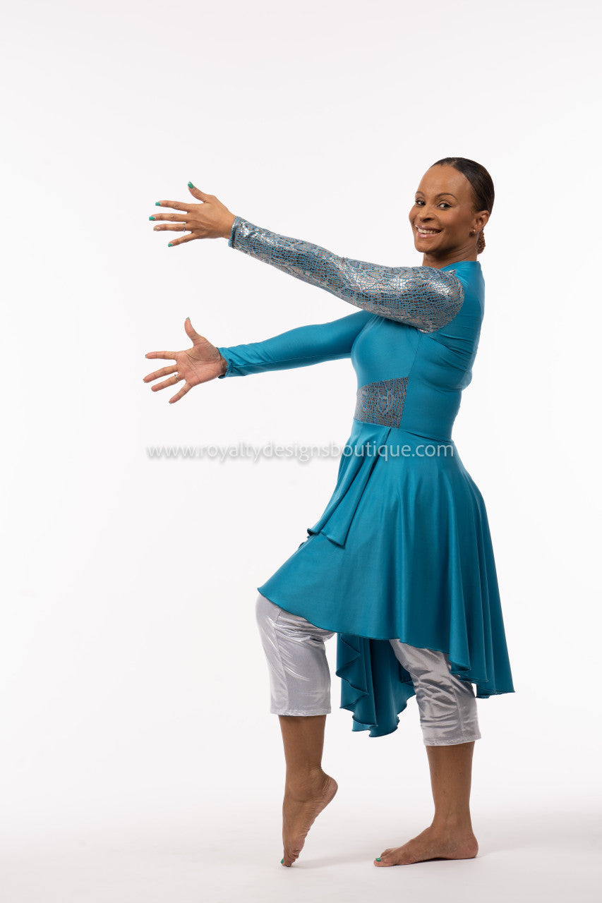 * RENEW Hi neck long sleeve Praise Dance Ephod-Hi end lycra teal