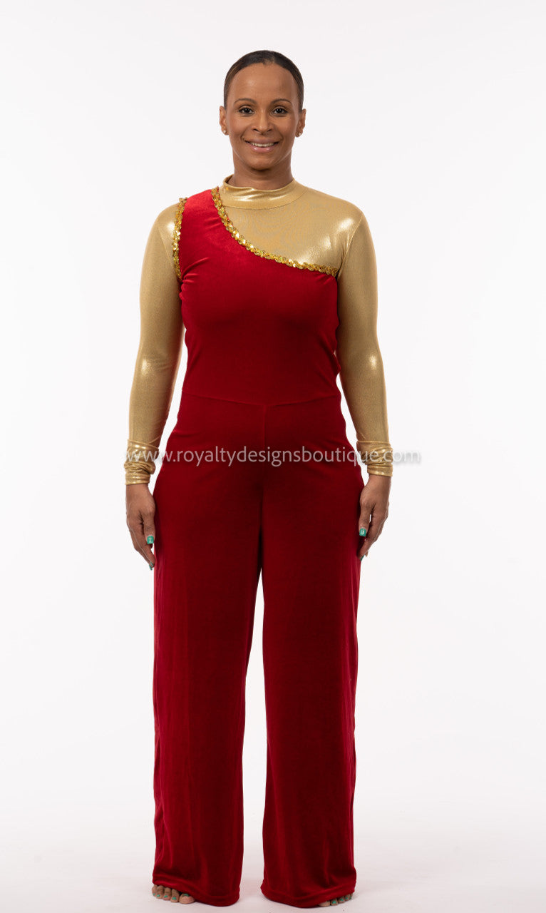 Two (2) piece Set - Red velvet Unitard with elegant king trimmed chiffon skirt -   Christmas Collection