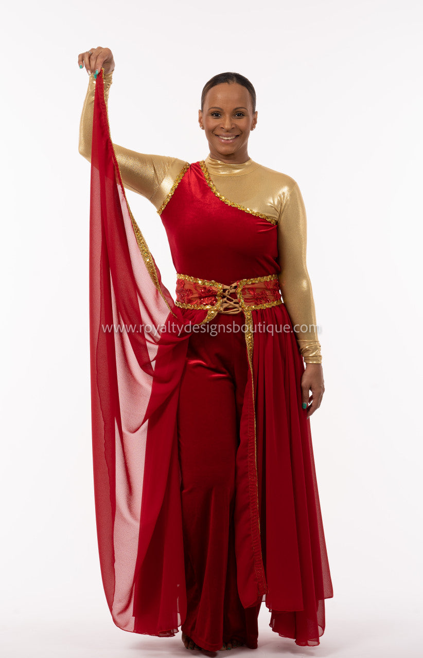 Two (2) piece Set - Red velvet Unitard with elegant king trimmed chiffon skirt -   Christmas Collection