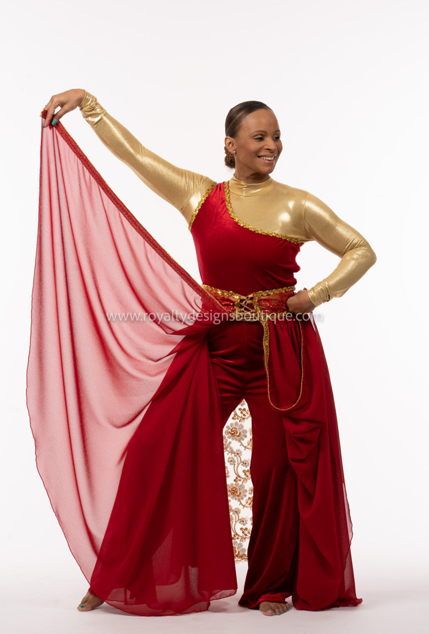 Two (2) piece Set - Red velvet Unitard with elegant king trimmed chiffon skirt -   Christmas Collection