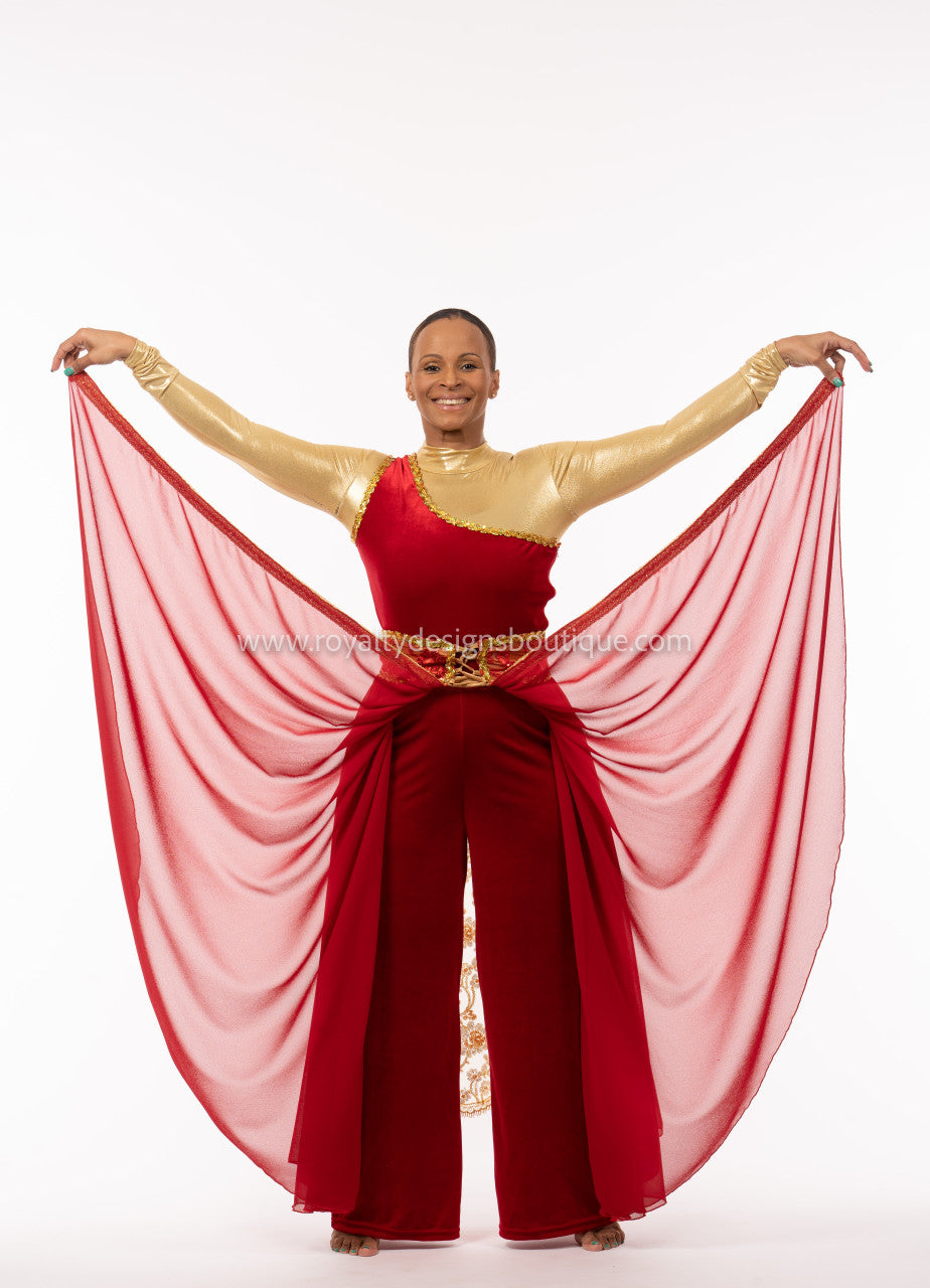 Two (2) piece Set - Red velvet Unitard with elegant king trimmed chiffon skirt -   Christmas Collection