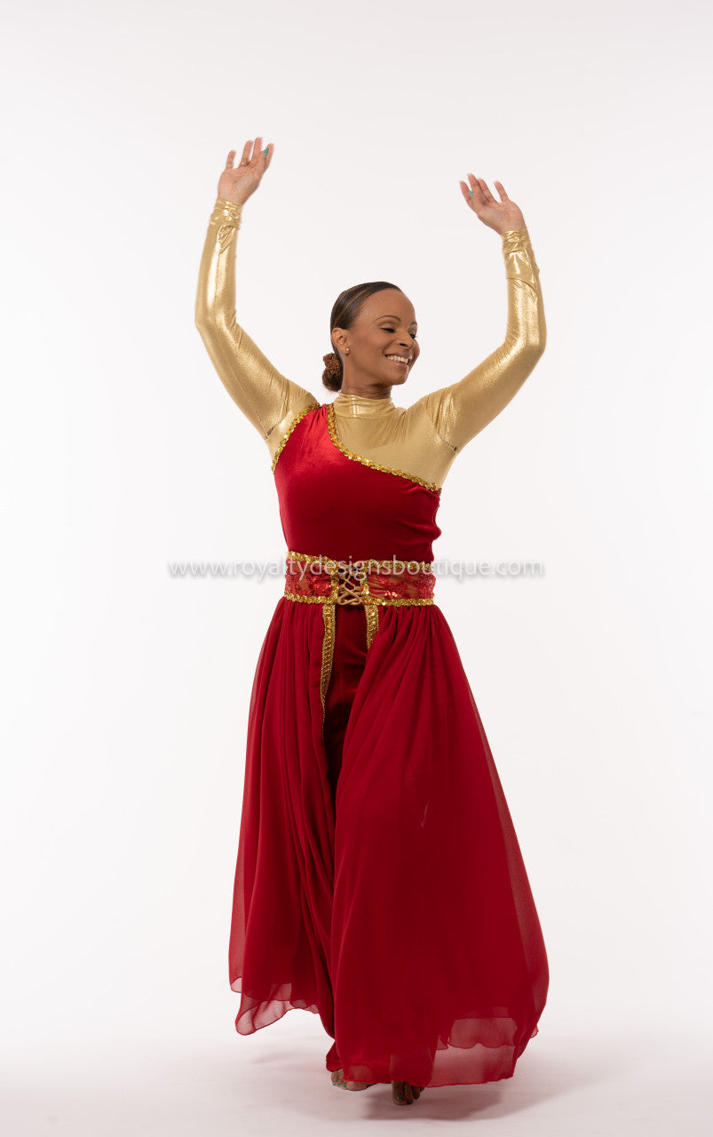 Two (2) piece Set - Red velvet Unitard with elegant king trimmed chiffon skirt -   Christmas Collection