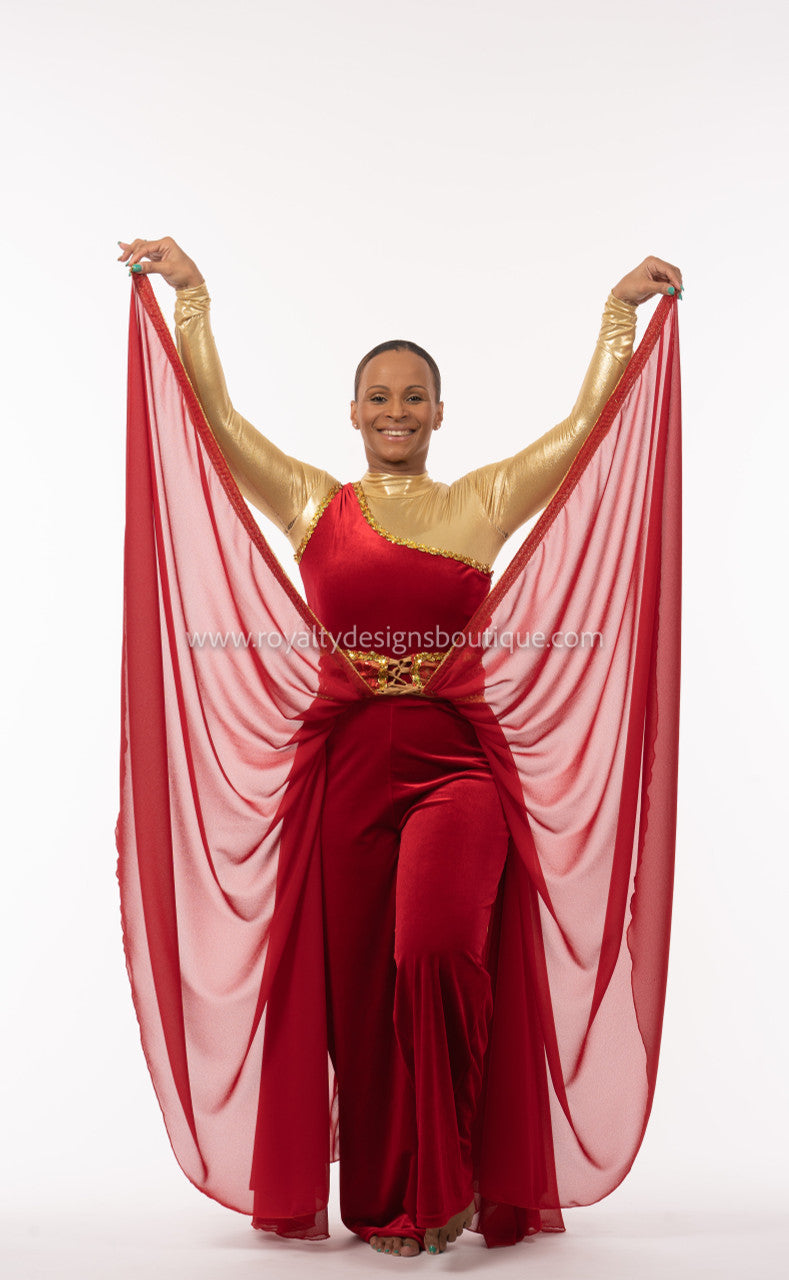 Two (2) piece Set - Red velvet Unitard with elegant king trimmed chiffon skirt -   Christmas Collection