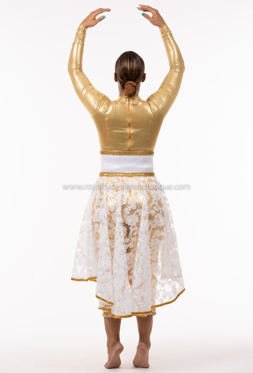 EVE White Elegant Overlay lace skirt with gold trimming