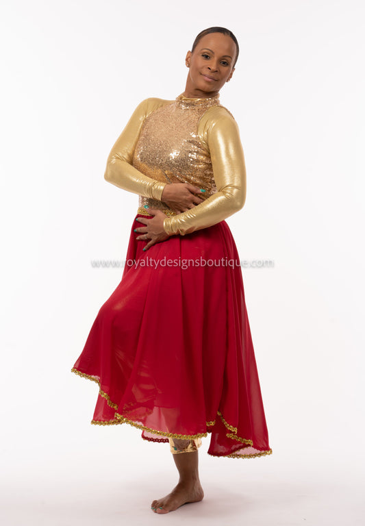 * Elegant Red and gold chiffon Tunic with gold trimming JOY Collection  - Praise Dance Ephod