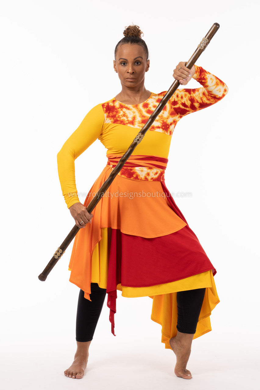 SET (2pc) Fire and Yellow Lycra Praise Dance Ephod and Fire Asymmetric Skirt: Collection Heart of David