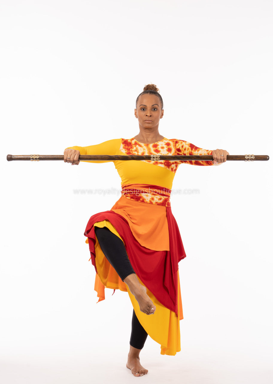 SET (2pc) Fire and Yellow Lycra Praise Dance Ephod and Fire Asymmetric Skirt: Collection Heart of David