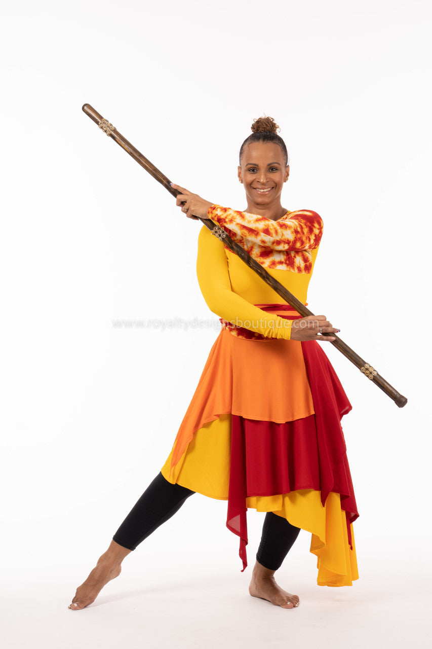 SET (2pc) Fire and Yellow Lycra Praise Dance Ephod and Fire Asymmetric Skirt: Collection Heart of David