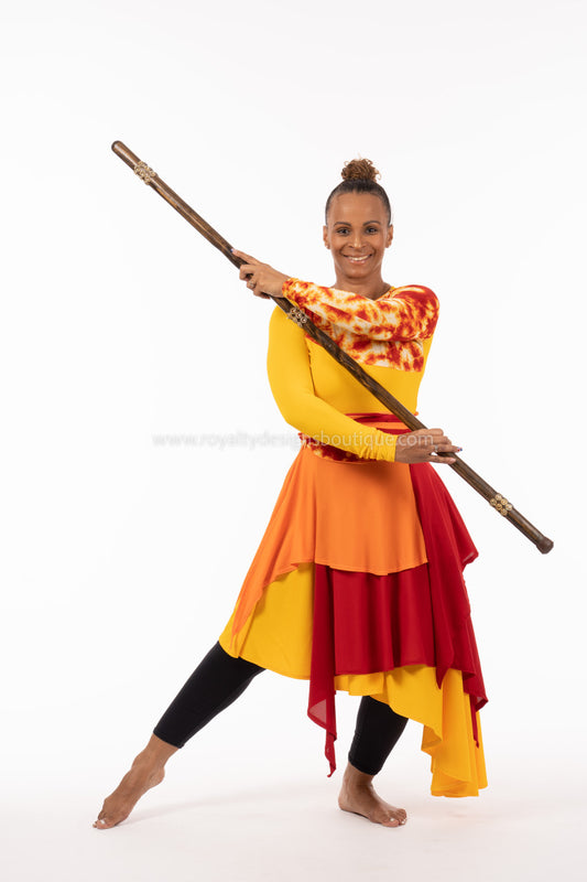 SET (2pc) Fire and Yellow Lycra Praise Dance Ephod and Fire Asymmetric Skirt: Collection Heart of David