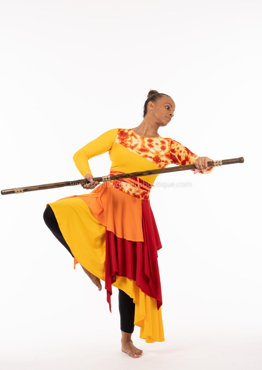 SET (2pc) Fire and Yellow Lycra Praise Dance Ephod and Fire Asymmetric Skirt: Collection Heart of David