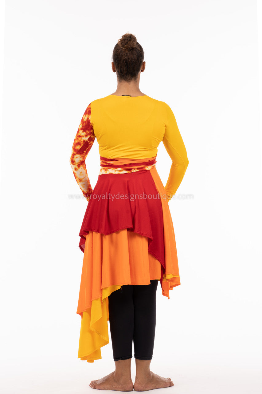 SET (2pc) Fire and Yellow Lycra Praise Dance Ephod and Fire Asymmetric Skirt: Collection Heart of David