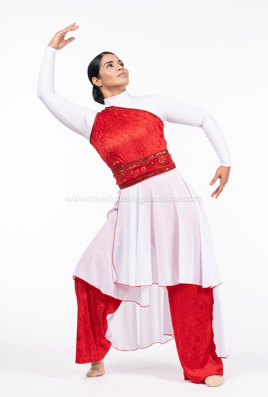 FORGIVENESS Collection - 2 Piece Red Velvet Unitard w Skirt w white and red Chiffon