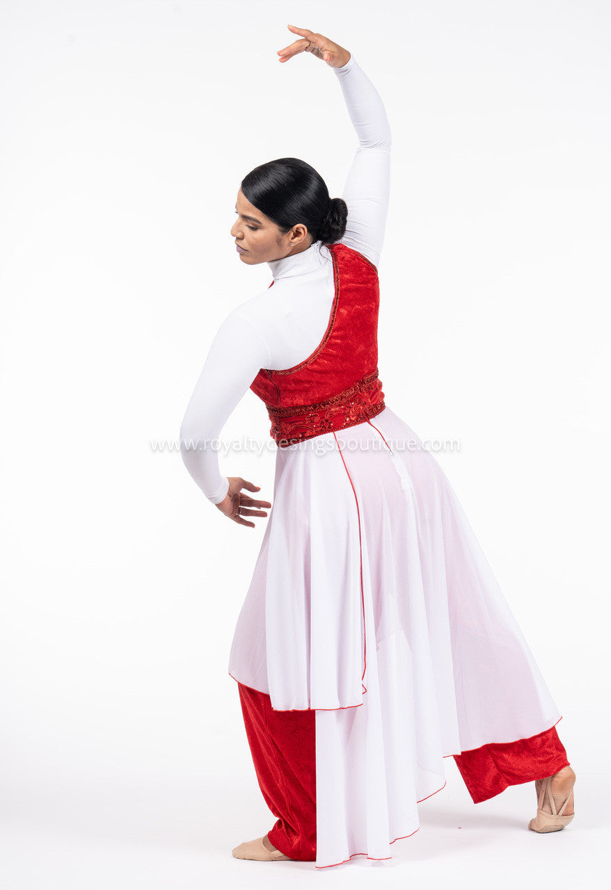 FORGIVENESS Collection - 2 Piece Red Velvet Unitard w Skirt w white and red Chiffon