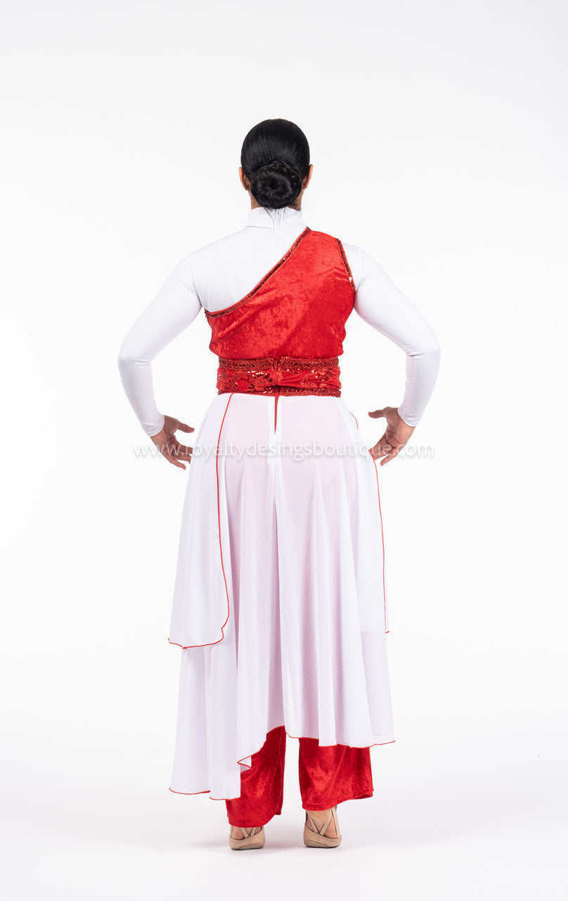 FORGIVENESS Collection - 2 Piece Red Velvet Unitard w Skirt w white and red Chiffon