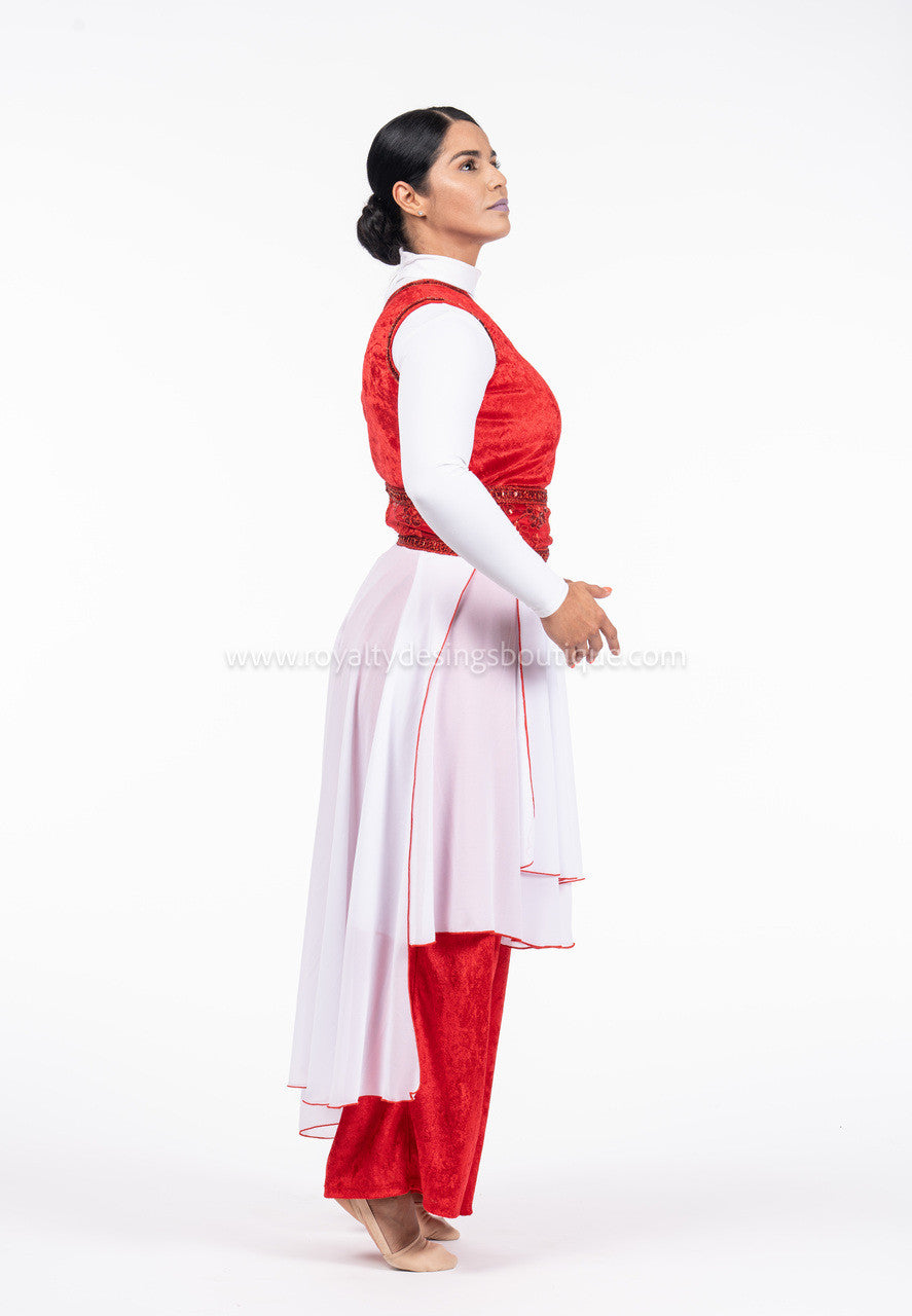 FORGIVENESS Collection - 2 Piece Red Velvet Unitard w Skirt w white and red Chiffon