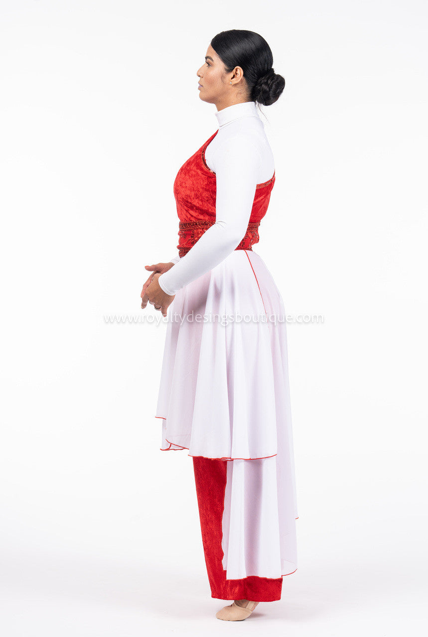 FORGIVENESS Collection - 2 Piece Red Velvet Unitard w Skirt w white and red Chiffon