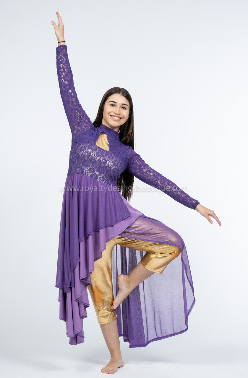 Elegant purple Lace and lycra/mesh Praise Dance Tunic