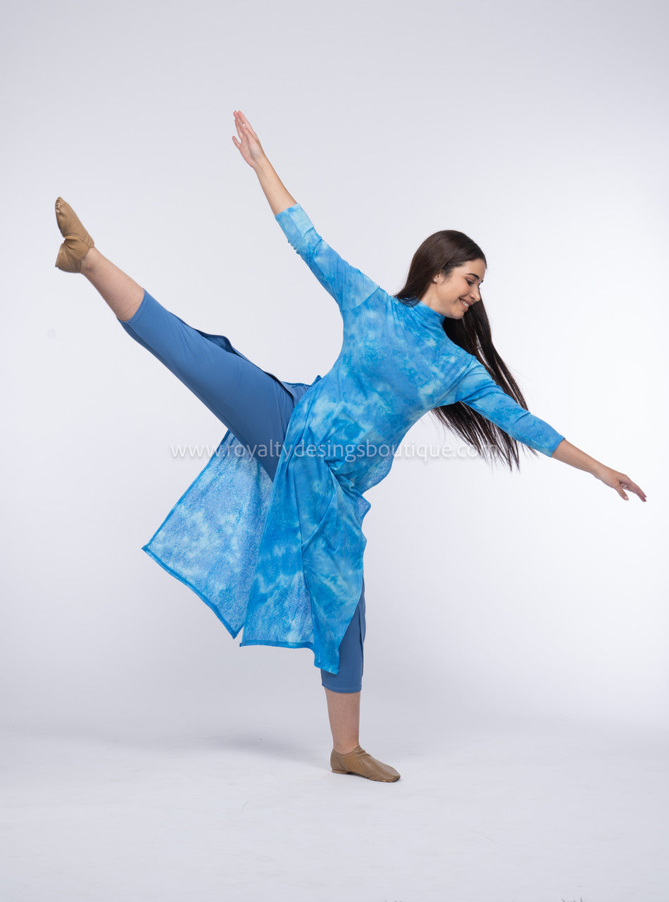 (2 piece) Blue Mesh Modern Tunic  with pants included  -  DEEPER WATERS Collection by Delki Rosso