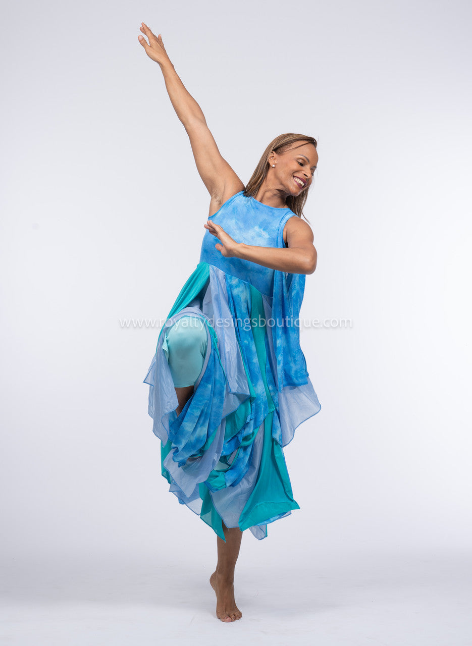 (2 piece) Blue Mesh Modern Tunic  with pants included  -  DEEPER WATERS Collection by Delki Rosso