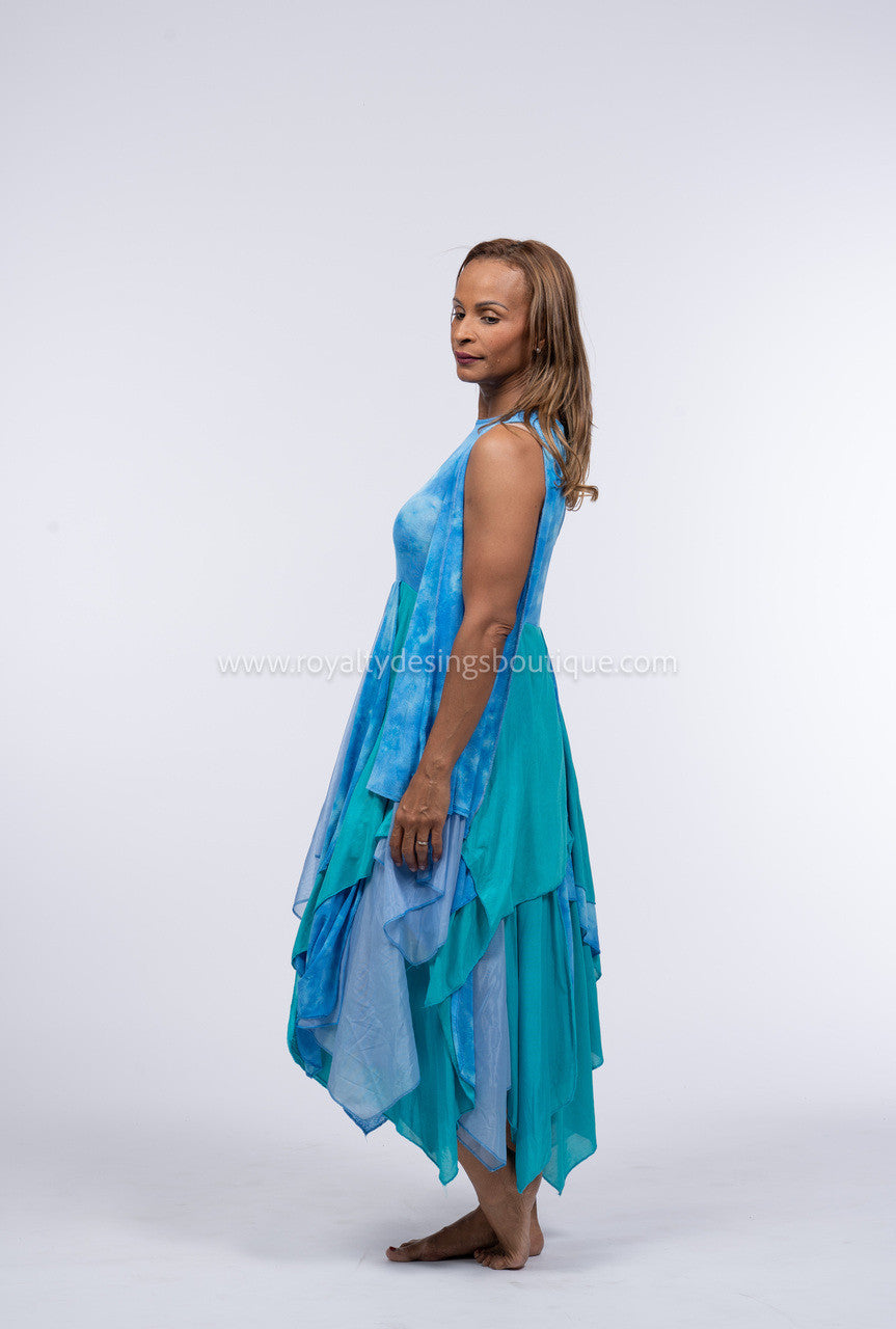 (2 piece) Blue Mesh Modern Tunic  with pants included  -  DEEPER WATERS Collection by Delki Rosso