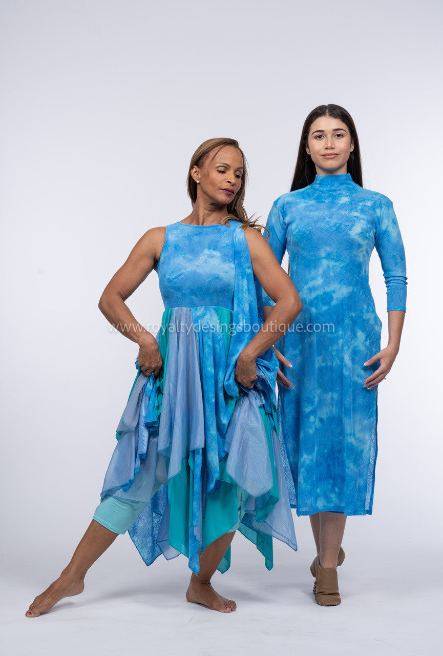 2 Pieces - Blue Mesh Fancy Dress with pants included  -  DEEPER WATERS Collection by Delki Rosso