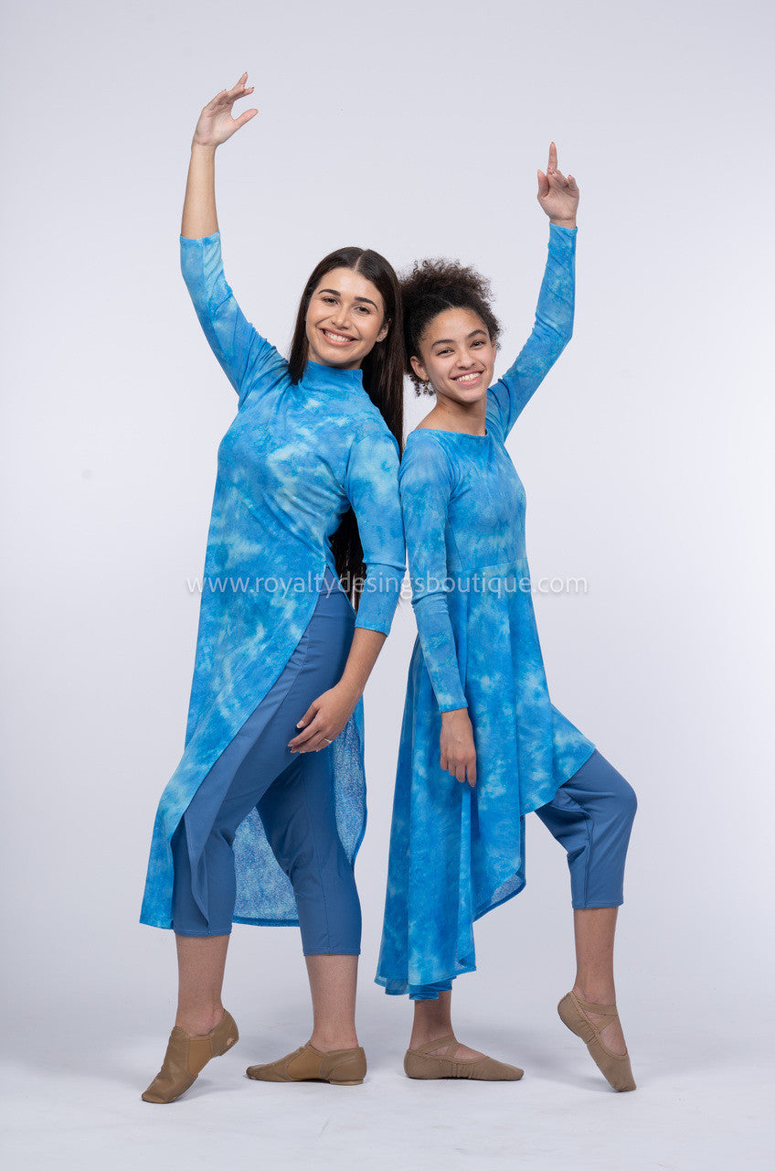 (2 piece) Blue Mesh Modern Tunic  with pants included  -  DEEPER WATERS Collection by Delki Rosso